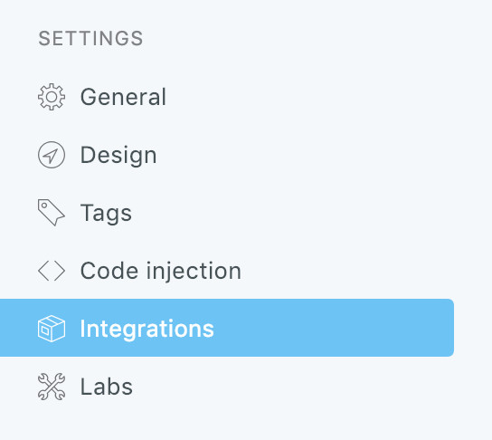 Ghost Admin: Integrations on the left menu